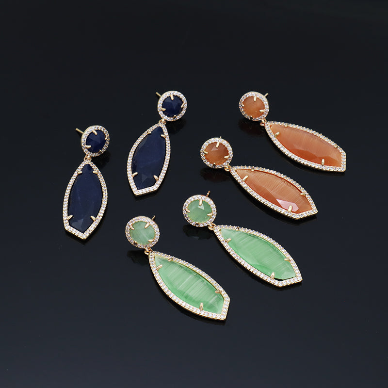 Various Colorful Custom Wholesale Women Gift Drop Healing Stone Stud Earrings Gold Plated CZ Natural Stone Dangle Earrings