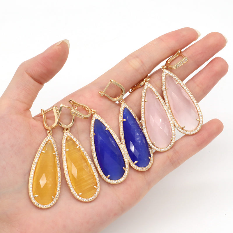 New Arrival Custom Wholesale Fashion Women Gift Gold Plated CZ Pink Yellow Blue Water Drop Healing Natural Stone Hoop Earrings