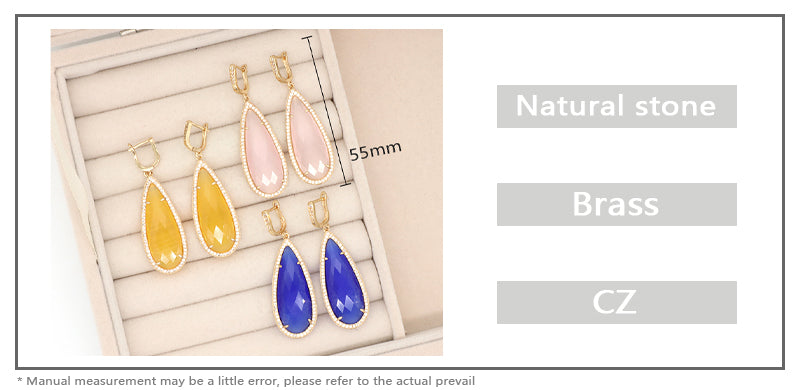 New Arrival Custom Wholesale Fashion Women Gift Gold Plated CZ Pink Yellow Blue Water Drop Healing Natural Stone Hoop Earrings