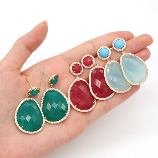 New Fashion Wholesale Custom Gold Plated CZ Blue Green Red Purple Water Drop Healing Natural Stone Stud Earrings For Women Gift
