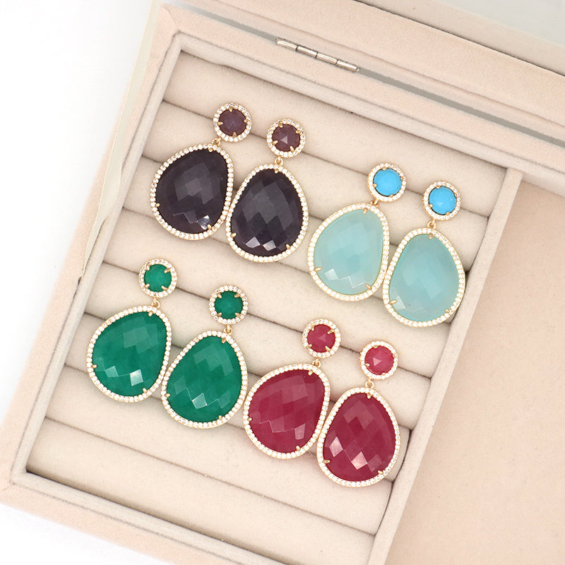 New Fashion Wholesale Custom Gold Plated CZ Blue Green Red Purple Water Drop Healing Natural Stone Stud Earrings For Women Gift