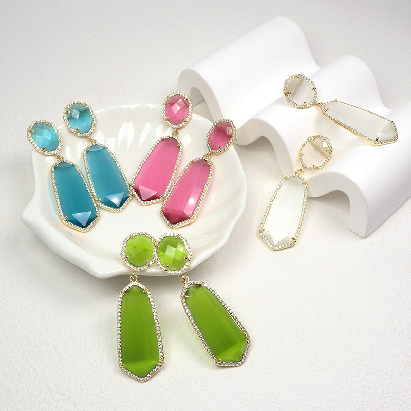 Customized Wholesale Green Pink White Blue Earrings Stud Women Gift Jewelry Gold Plated Dangle Drop Natural Stone Stud Earrings