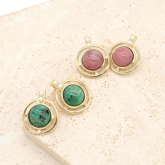 Wholesale Customized Fresh Water Pearl Earrings Stud Women Gift Jewelry Gold Plated Green Pink Natural Stone Stud Earrings