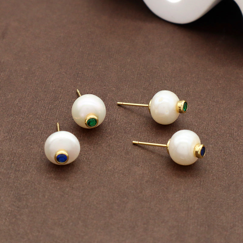Various Wholesale Customized CZ Blue Green Earrings Gift Jewelry Gold Plated Natural Fresh Water Pearl Stud Earrings For Women