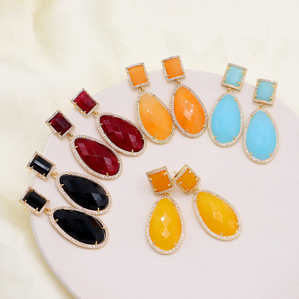 Custom Colorful CZ Natural Stone Earring Gold Plated Natural Gemstone Earrings