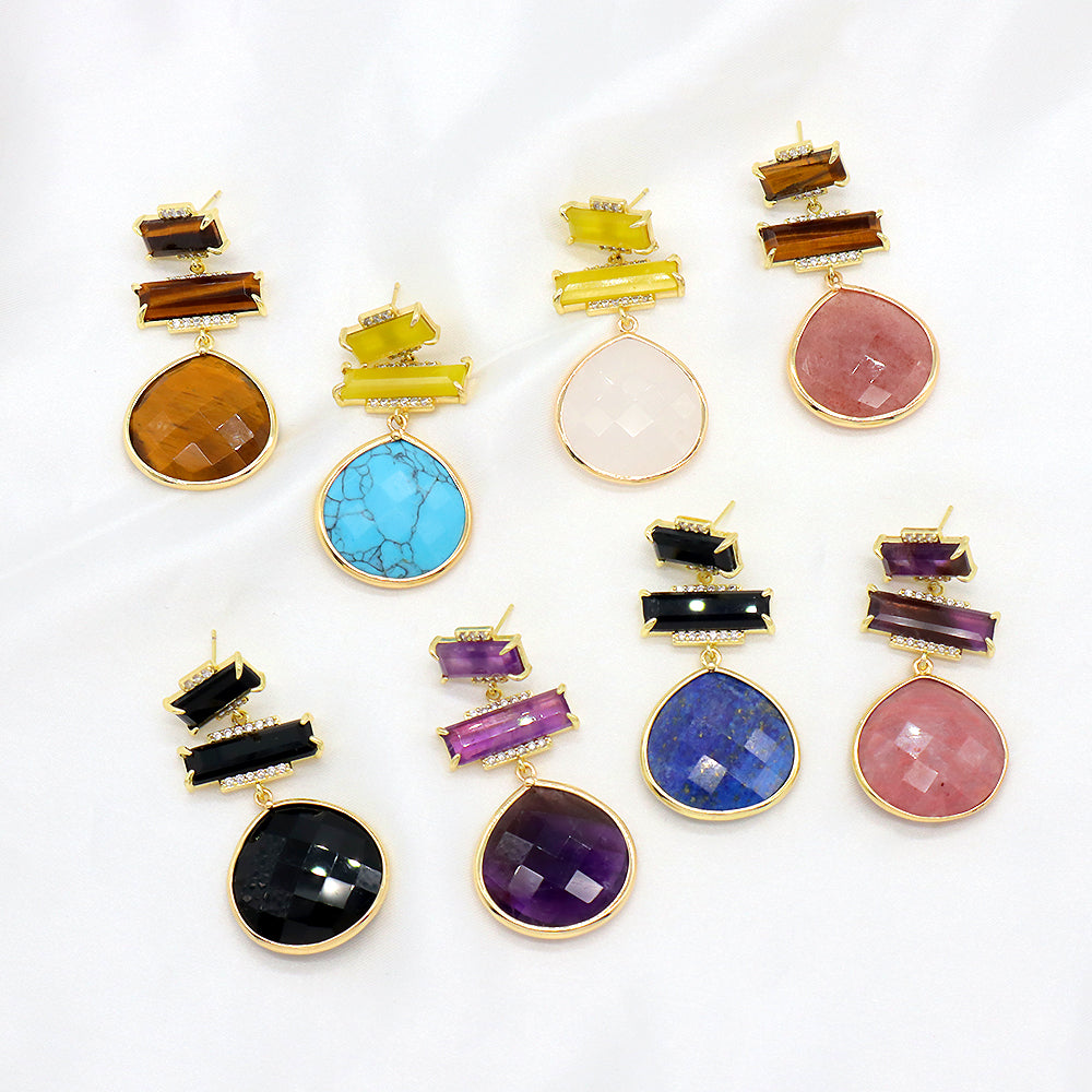 Custom Colorful CZ Natural Stone Earring Gold Plated Natural Gemstone Earrings