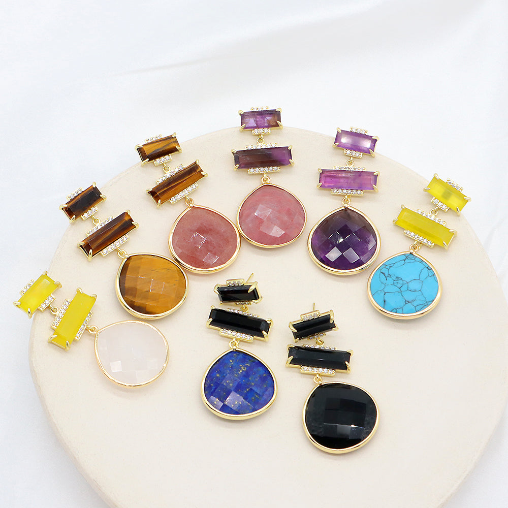 Custom Colorful CZ Natural Stone Earring Gold Plated Natural Gemstone Earrings