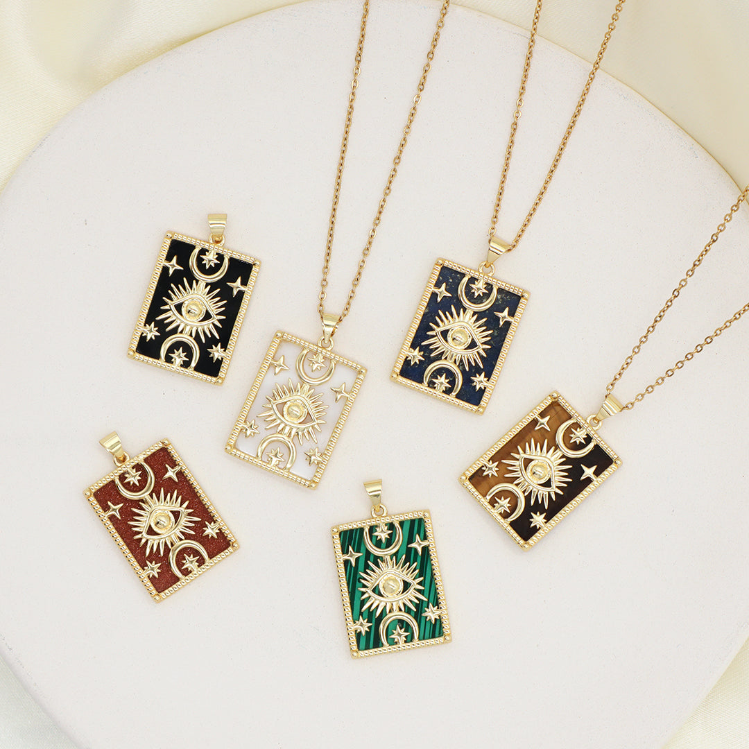 Gold Plated stainless steel Chain Custom Factory Gift Rectangle White Black Green Brown Natural Stone Evil Eyes Pendant Necklace