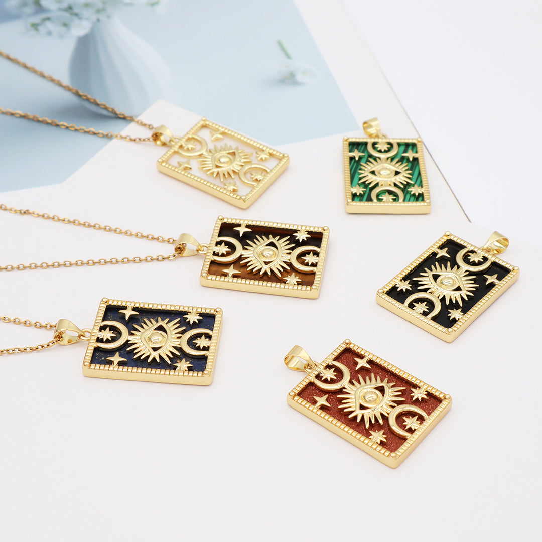 Gold Plated stainless steel Chain Custom Factory Gift Rectangle White Black Green Brown Natural Stone Evil Eyes Pendant Necklace