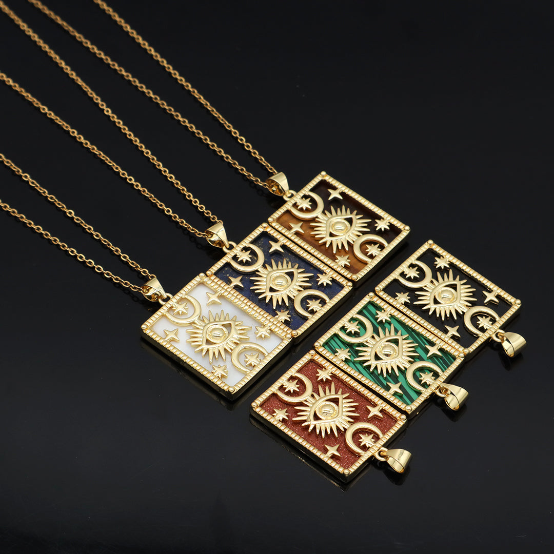 Gold Plated stainless steel Chain Custom Factory Gift Rectangle White Black Green Brown Natural Stone Evil Eyes Pendant Necklace