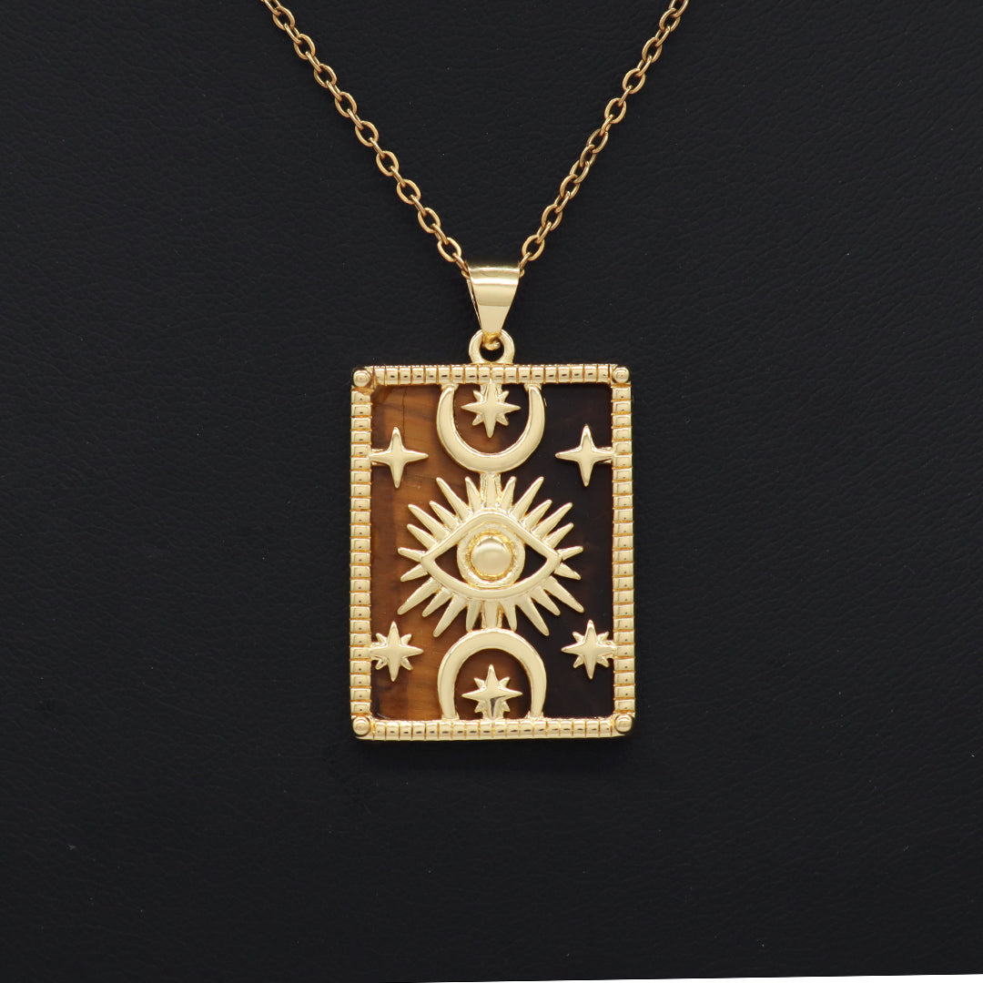 Gold Plated stainless steel Chain Custom Factory Gift Rectangle White Black Green Brown Natural Stone Evil Eyes Pendant Necklace