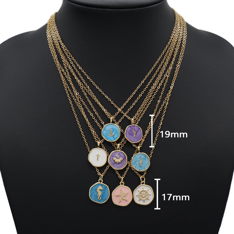 Fashion Round Gold Plated Stainless Steel Chain Enamel Cross Lighting Anchor Moon Butterfly Sea Horse Sea Star Pendant Necklace