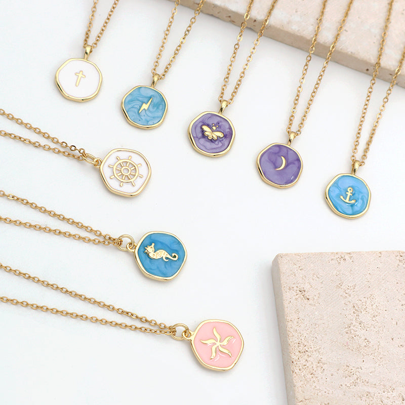 Fashion Round Gold Plated Stainless Steel Chain Enamel Cross Lighting Anchor Moon Butterfly Sea Horse Sea Star Pendant Necklace