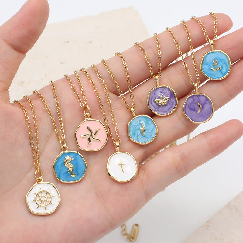 Fashion Round Gold Plated Stainless Steel Chain Enamel Cross Lighting Anchor Moon Butterfly Sea Horse Sea Star Pendant Necklace