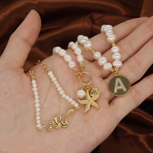 Newest Custom Handmade Women Gift OEM Gold Plated Initial Letter A Snake Seastar Pendant Natural Freshwater Pearl Necklace