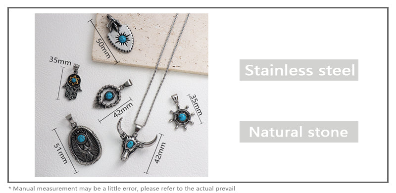 New Custom Wholesale Fashion Men Women Jewelry Natral Stone No Tarnish Stainless Steel Rudder Hasma Hand Bull Pendant Necklace