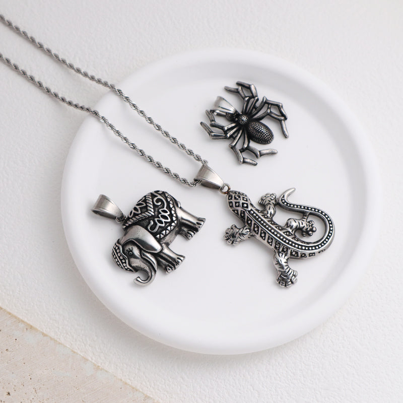 Wholesale Custom Manufacture Fashion Jewelry No Tarnish Stainless Steel Lizard Elephant Spider Pendant Necklace For Men Women