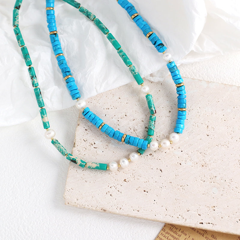 OEM Wholesale Handmade Women Custom Gold Plated Charm Fresh Water Pearl Blue Turquoise Jasper Natural Stone Beads Necklace