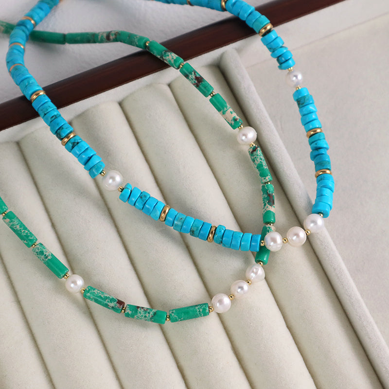 OEM Wholesale Handmade Women Custom Gold Plated Charm Fresh Water Pearl Blue Turquoise Jasper Natural Stone Beads Necklace