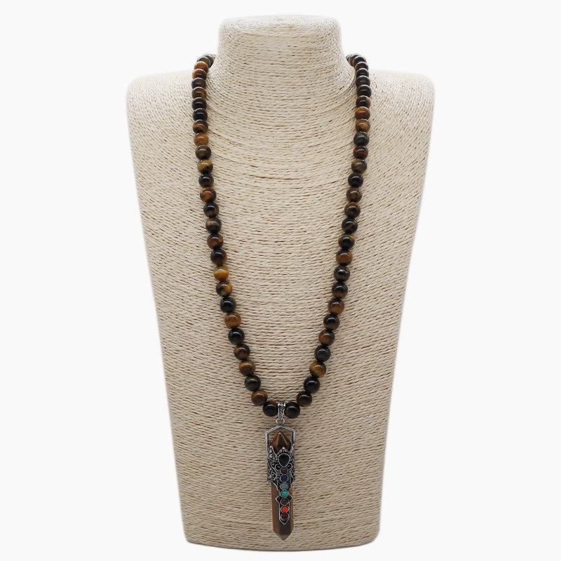 Custom OEM Handmade Woven 8mm Lapis Onyx Tiger Eye Natural Stone Beads Ajustable Macrame Hexagon Pendant Necklace For Men Women