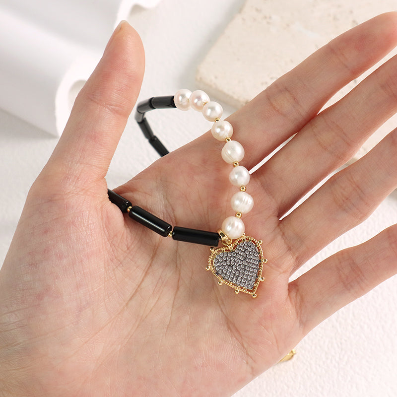 Customized OEM Wholesale Handmade Women Gold Plated Beads CZ Fresh Water Pearl Natural Stone Black Onyx Heart Pendant Necklace