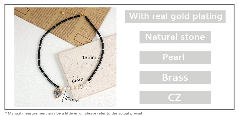 Customized OEM Wholesale Handmade Women Gold Plated Beads CZ Fresh Water Pearl Natural Stone Black Onyx Heart Pendant Necklace