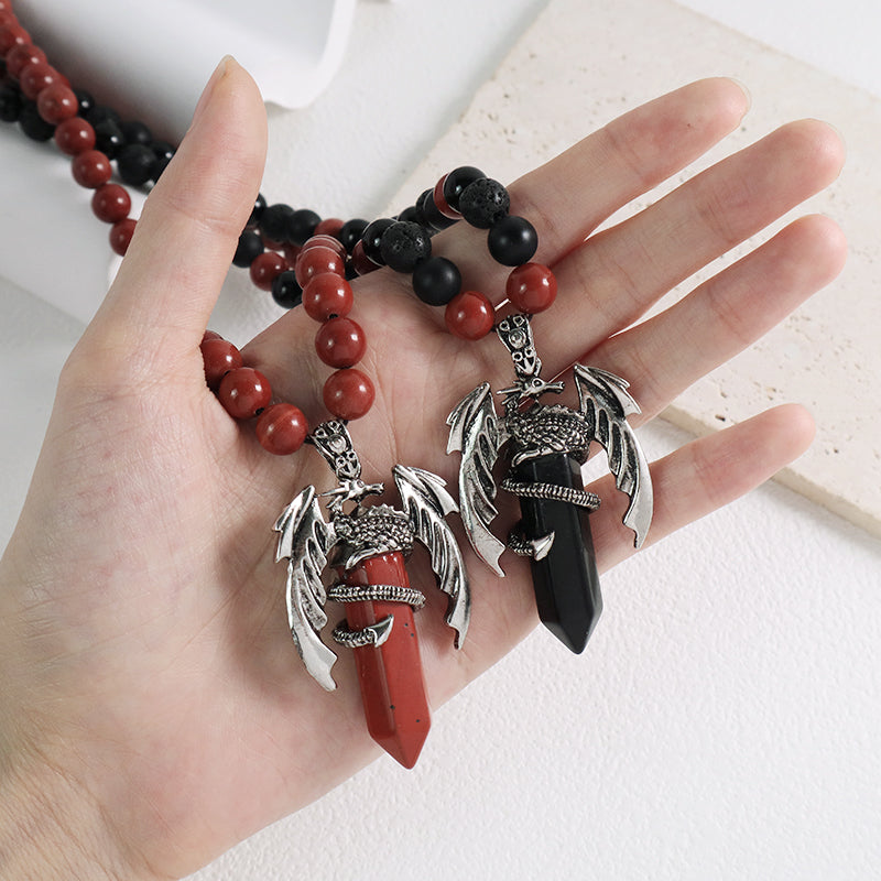 Handmade Custom OEM Woven 8mm Onyx Red Jasper Natural Stone Beads Ajustable Macrame Hexagon Dragon Pendant Necklace For Men