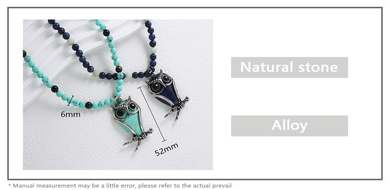 Handmade Wholesale Custom OEM 6mm Natural Stone Beads Ajustable Stainless Steel Tail Chain Owl Pendant Necklace For Men Women