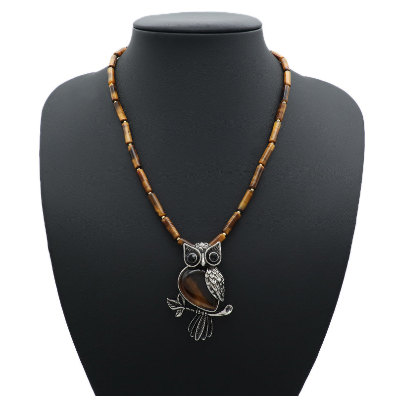 Wholesale Handmade Custom OEM Natural Stone Beads Men Women Jewelry Ajustable Stainless Steel Tail Chain Owl Pendant Necklace