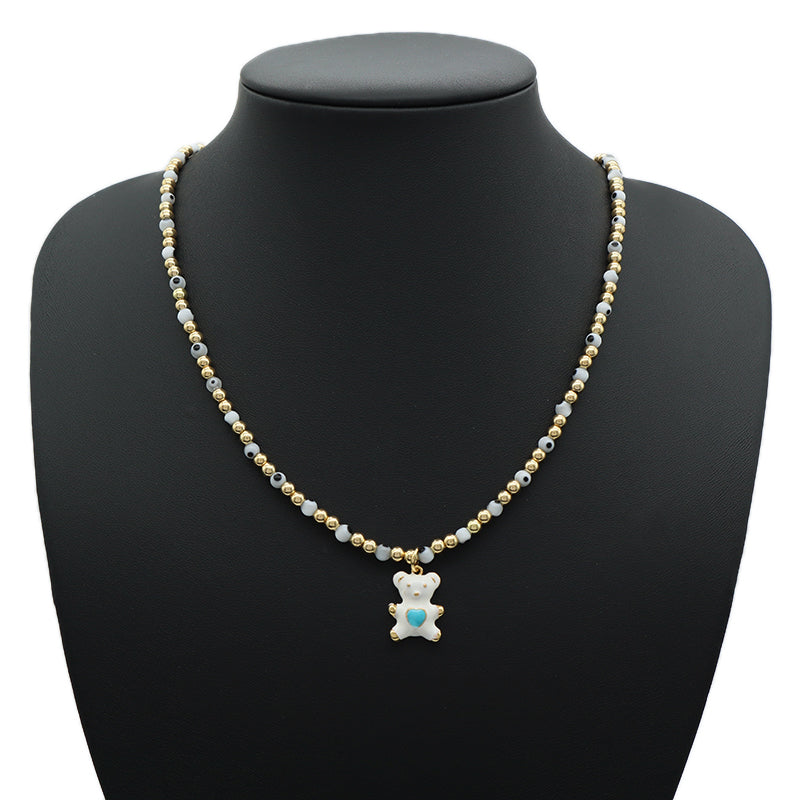 Custom New OEM Handmade Glass Crystal Coloured Glaze Beads Gold Plated Enamel Bear Pendant Fresh Water Pearl Evil Eyes Necklace
