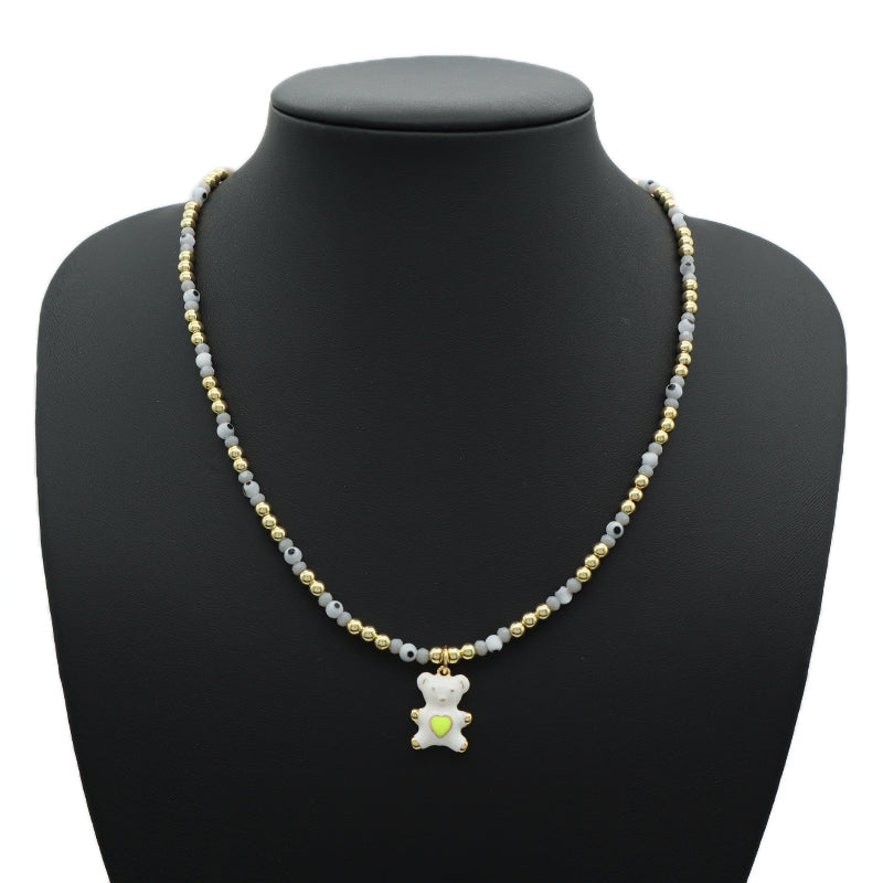 Custom New OEM Handmade Glass Crystal Coloured Glaze Beads Gold Plated Enamel Bear Pendant Fresh Water Pearl Evil Eyes Necklace