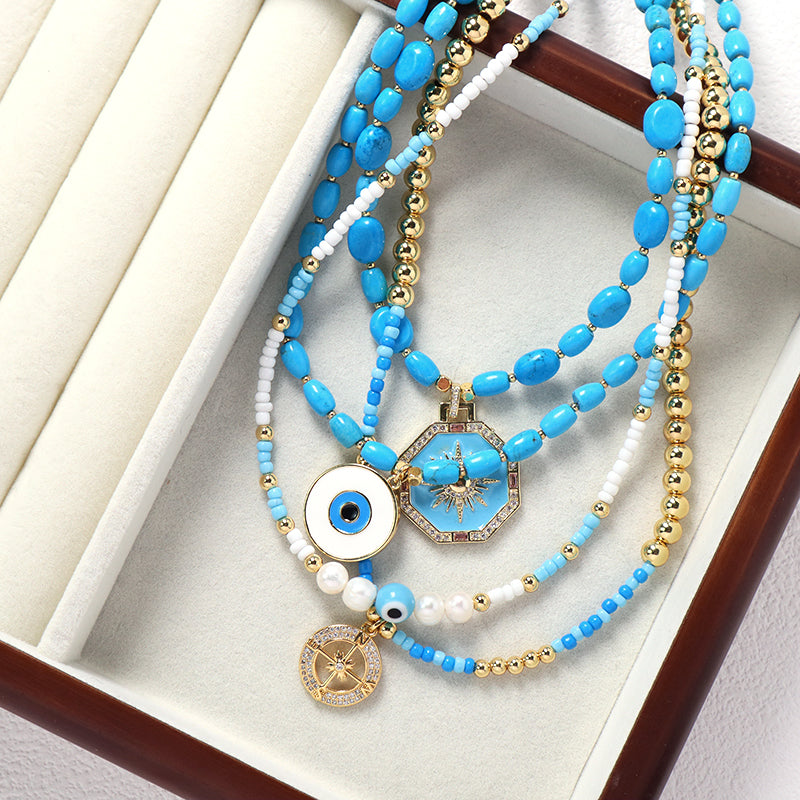 New Arrival China Factory OEM Wholesale Fashion Women Handmade Custom Enamel Blue Natural Stone Beads Evil Eyes Pendant Necklace