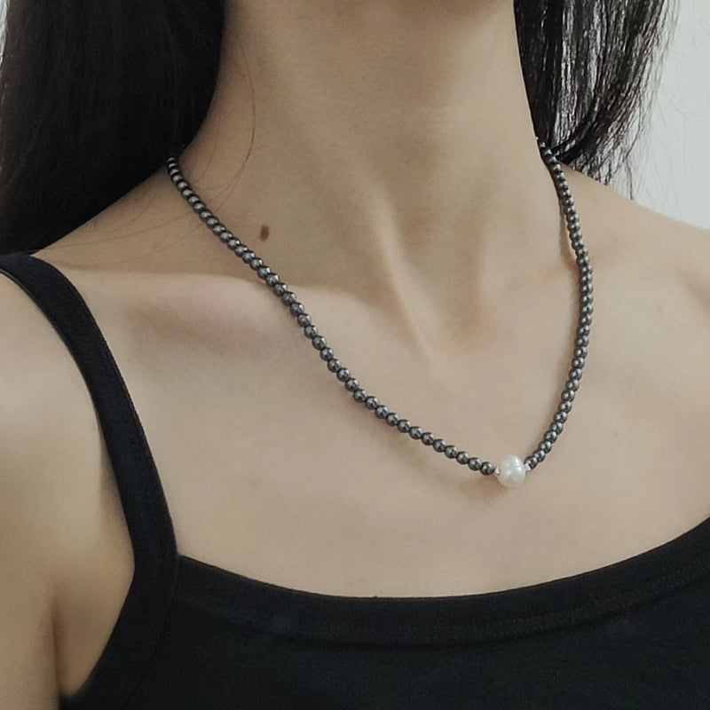 Custom Wholesale China Factory OEM Trendy Women Handmade Stainless Steel Natural Stone Hematite Beads Pearl Pendant Necklace
