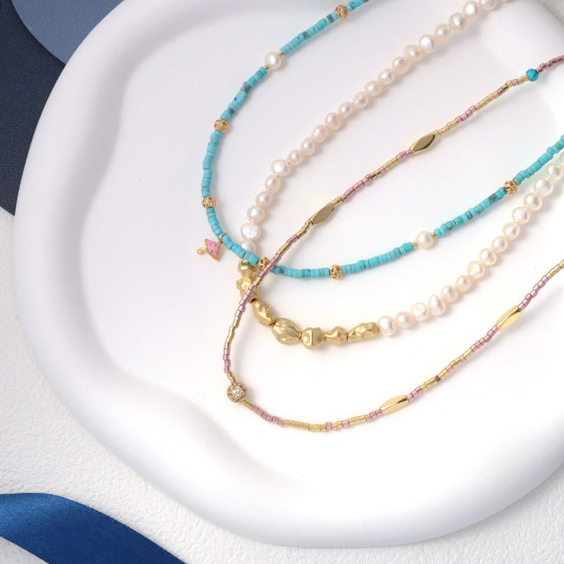 OEM Wholesale Handmade Custom Gold Plated Enamel Mushroom Pendant Fresh Water Pearl Natural Stone Beads Necklace For Women