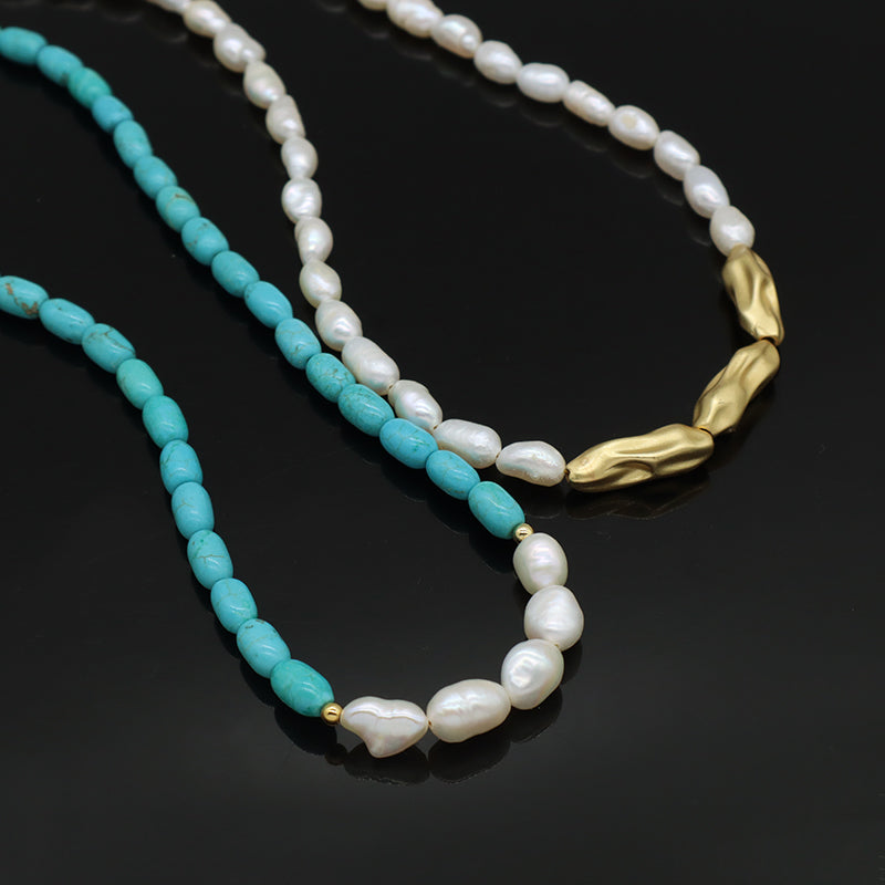 Wholesale OEM China Factory Fashion Handmade Custom Gold Plated Fresh Water Pearl Blue Natural Stone Beads Necklace For Women