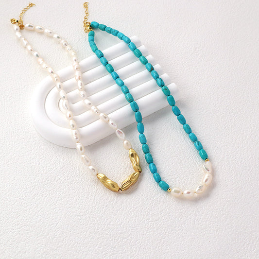Wholesale OEM China Factory Fashion Handmade Custom Gold Plated Fresh Water Pearl Blue Natural Stone Beads Necklace For Women
