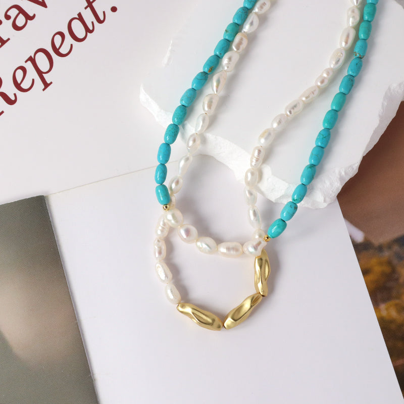 Wholesale OEM China Factory Fashion Handmade Custom Gold Plated Fresh Water Pearl Blue Natural Stone Beads Necklace For Women