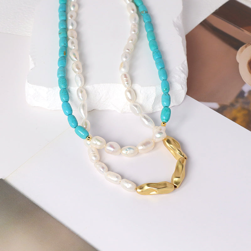 Wholesale OEM China Factory Fashion Handmade Custom Gold Plated Fresh Water Pearl Blue Natural Stone Beads Necklace For Women