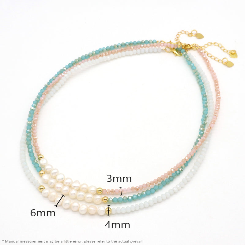 Handmade OEM Blue Pink Wholesale Fashion Customized Gold Plated Natural Fresh Water Pearl Glass Crystal Necklace For Women Gift