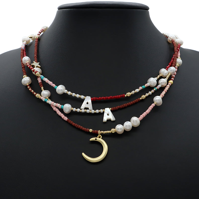 OEM Wholesale Handmade Customized Gold Plated Natural Fresh Water Pearl Seed Beads Shell Letter Moon Pendant Necklace For Women