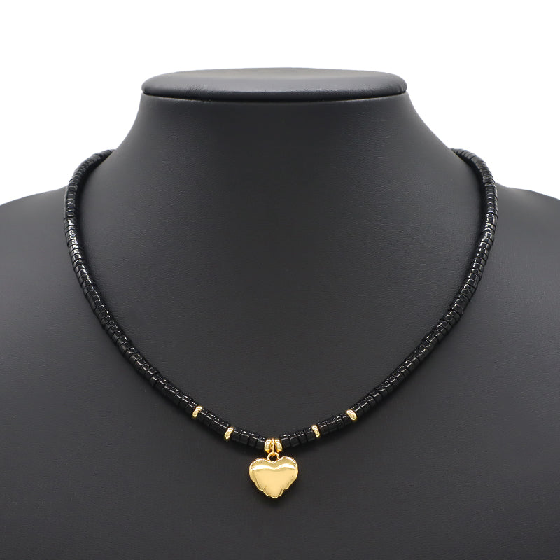 New Design Wholesale Custom Fashion Handmade Manufacture Gold Plated Brass Heart Charm Black Agate Natural Stone Beads Jewelry Necklace