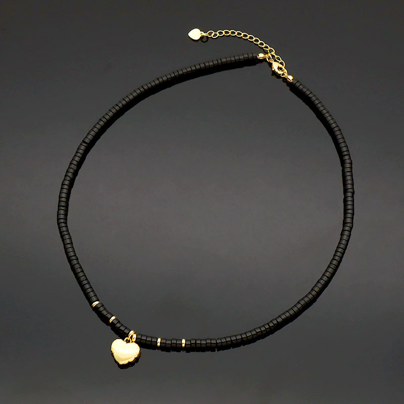 New Design Wholesale Custom Fashion Handmade Manufacture Gold Plated Brass Heart Charm Black Agate Natural Stone Beads Jewelry Necklace