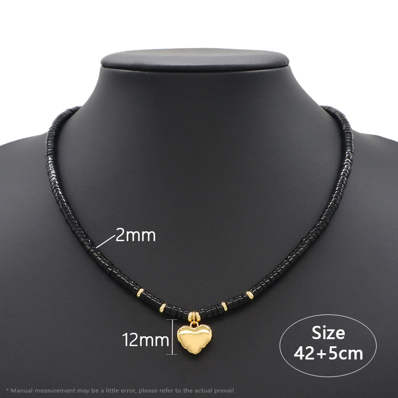 New Design Wholesale Custom Fashion Handmade Manufacture Gold Plated Brass Heart Charm Black Agate Natural Stone Beads Jewelry Necklace