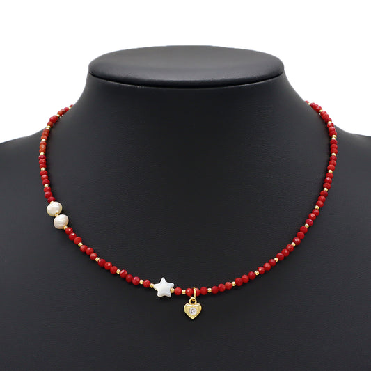 Natural Stone Beads CZ Heart Pendant Necklace With Fresh Water Pearl