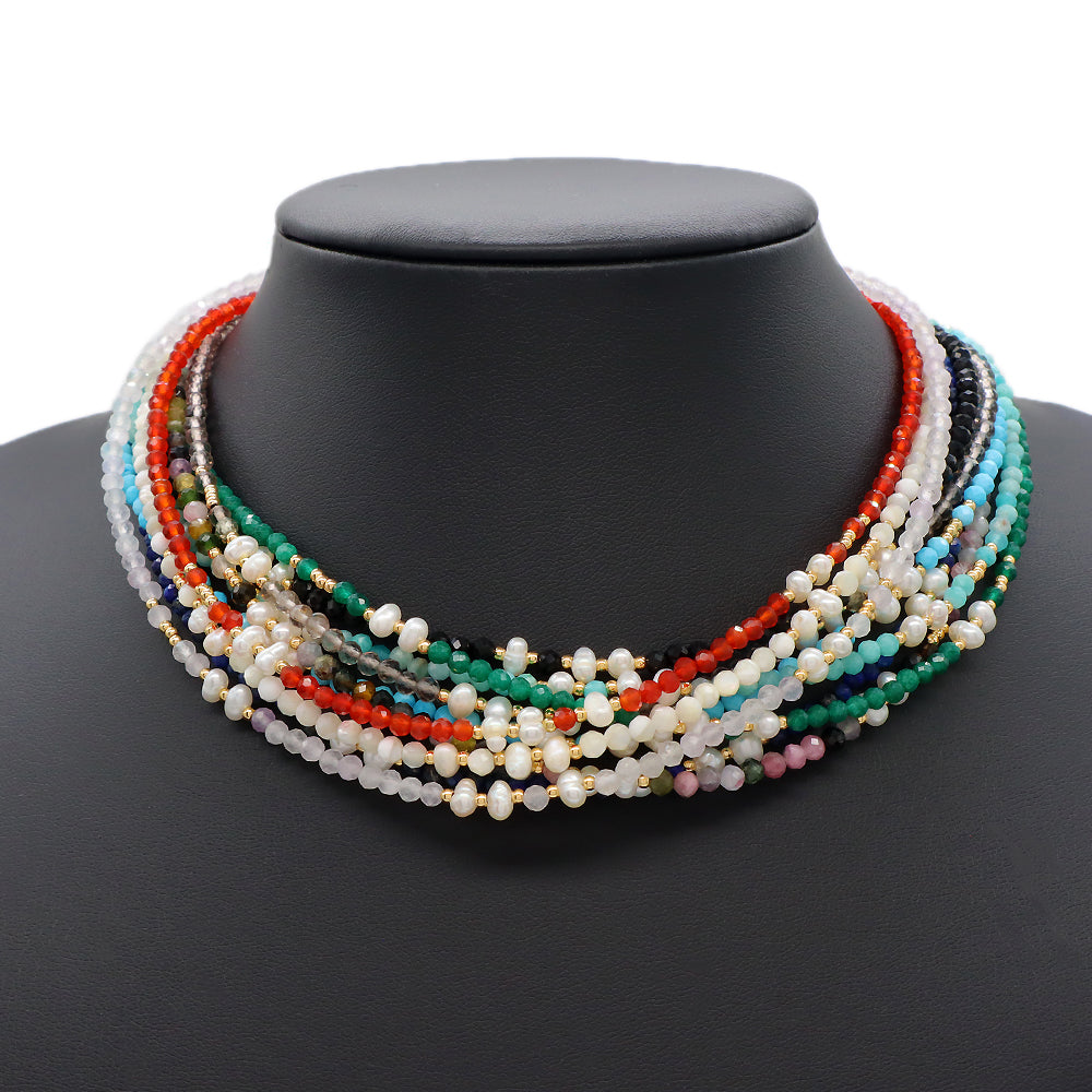 Multi-color Natural Stone Beads With Fresh Water Pearl Handmade Necklace