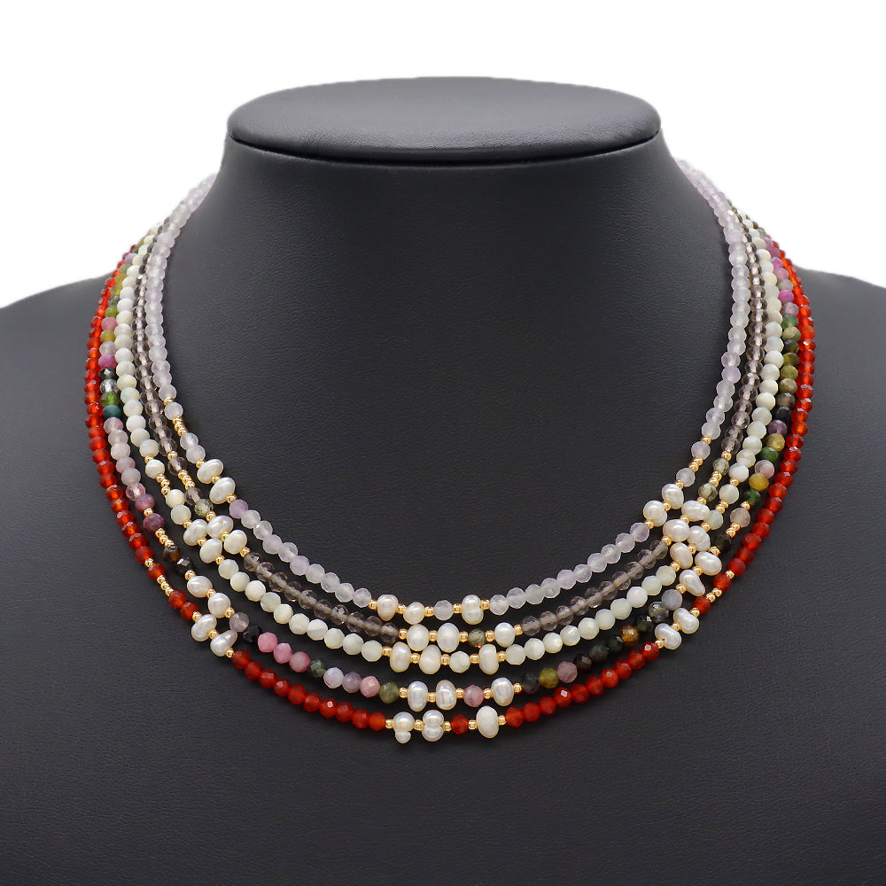 Multi-color Natural Stone Beads With Fresh Water Pearl Handmade Necklace