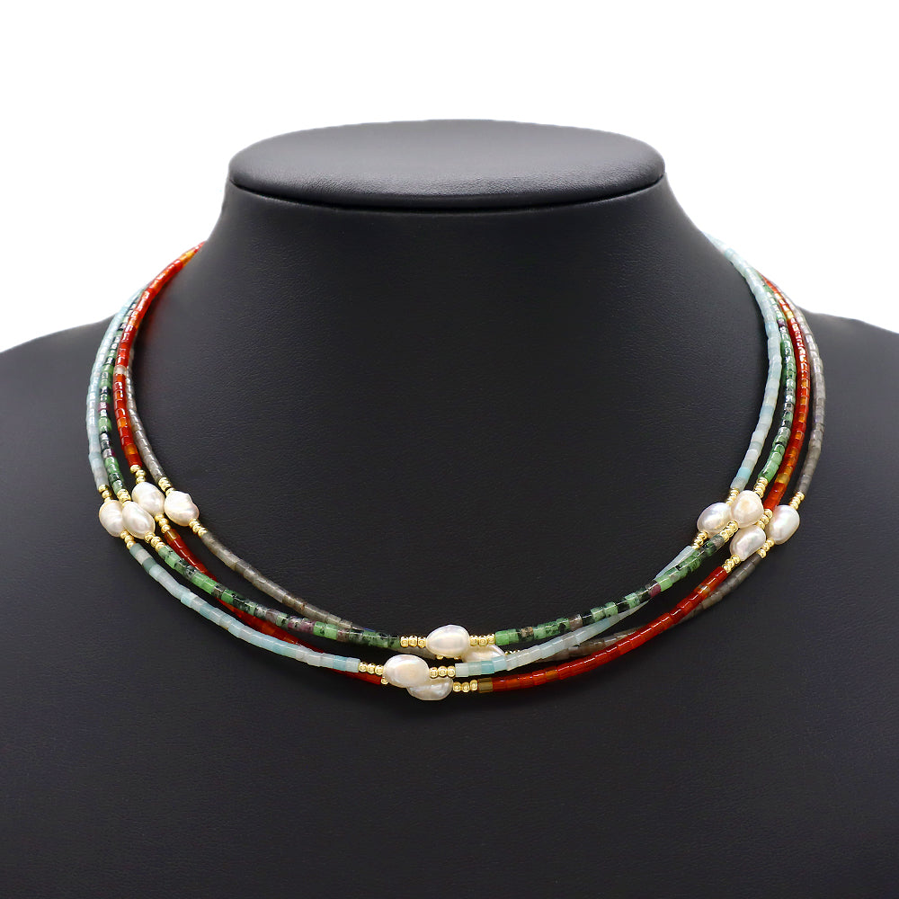 Multi-color Natural Stone Beads With Fresh Water Pearl Handmade Necklace