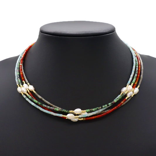 Multi-color Natural Stone Beads With Fresh Water Pearl Handmade Necklace