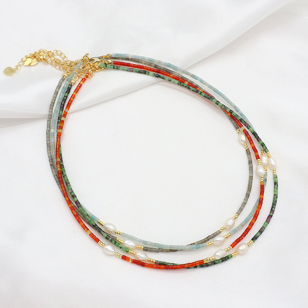 Multi-color Natural Stone Beads With Fresh Water Pearl Handmade Necklace