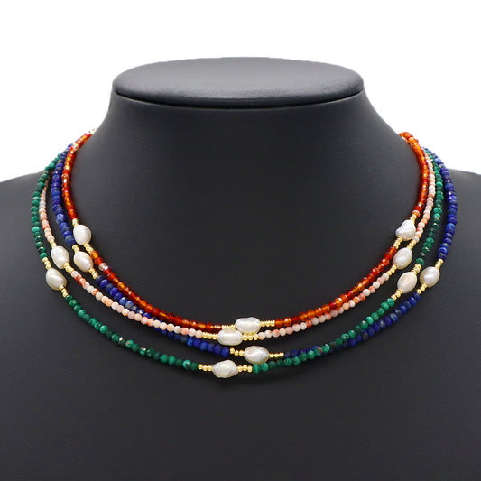 Multi-color Natural Stone Beads With Fresh Water Pearl Handmade Necklace